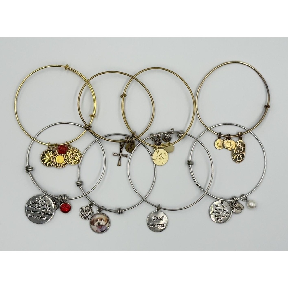 Gold Silver Tone Expandable Charm Bracelet Lot of‎ 8 Dog Karma Grandma Compass